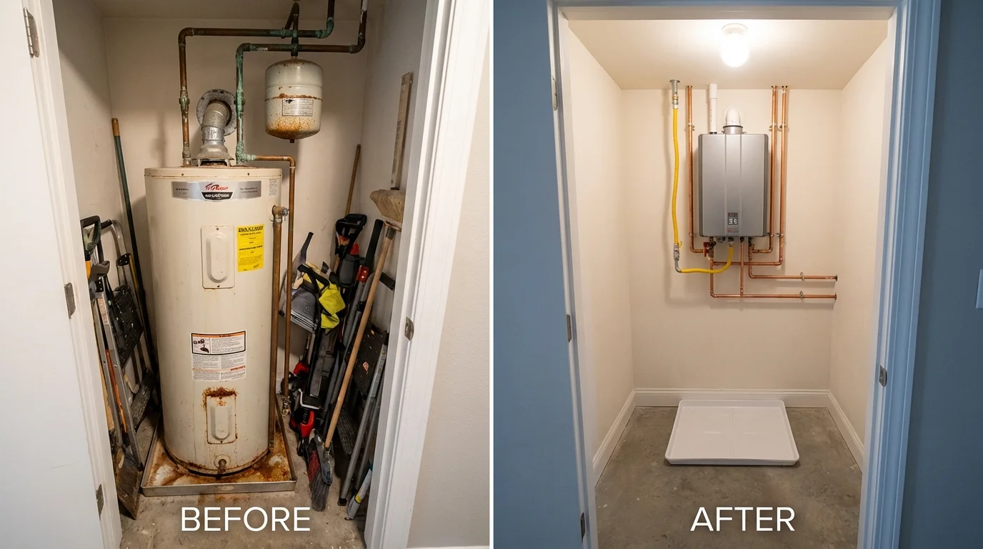Tank water heater versus wall-mounted tankless unit comparison for Hampstead, MD homeowners