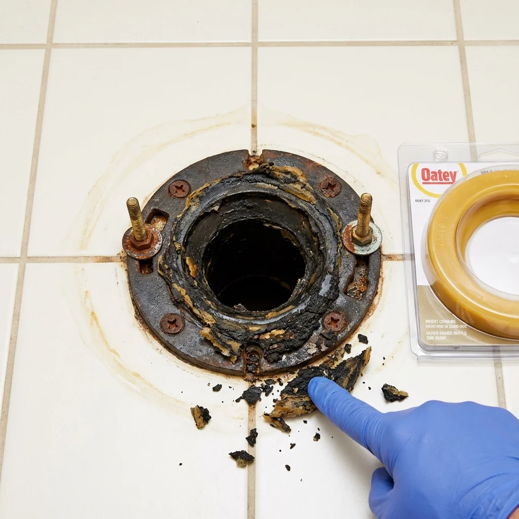 Failed wax ring showing water seepage at the base of a toilet in a Hampstead, MD home