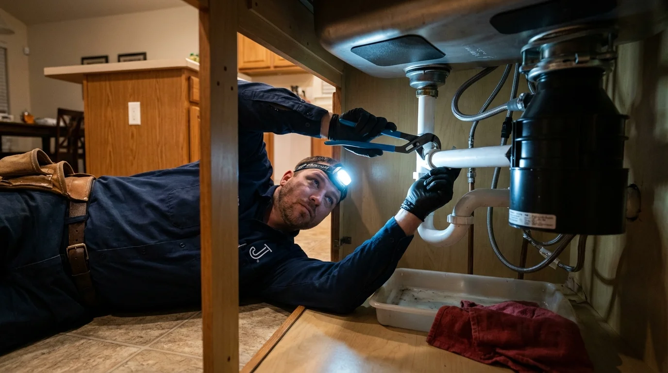 P-trap and supply line connections under a kitchen sink showing a common leak point in Hampstead, MD